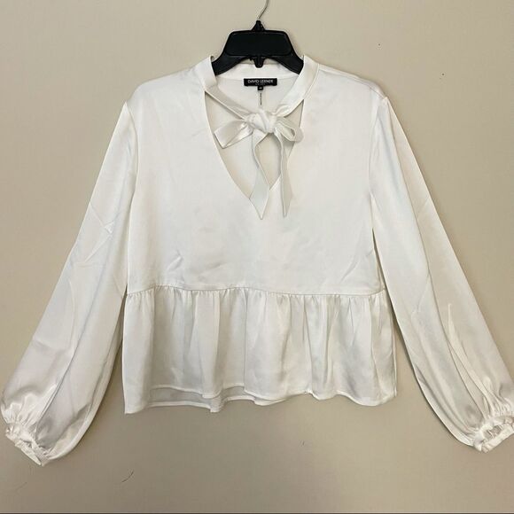 DAVID LERNER FLOUNCY PEPLUM LS BLOUSE WHITE SZ M - Picture 1 of 7
